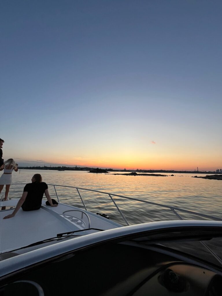 Sunset over the Helsinki archipelago from the Pokerface foredeck